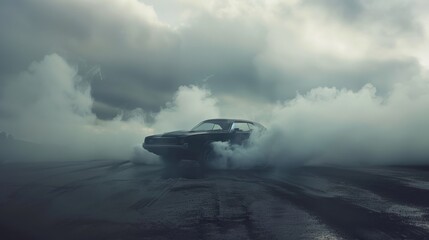 Fototapeta premium A dramatic image of a car engulfed in thick smoke, performing a burnout stunt on an overcast day, capturing the power and intensity of the moment.