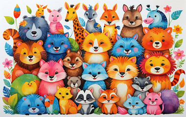 Fototapeta premium Illustrative childlike depiction of various cute and friendly animals from nature in bright colors