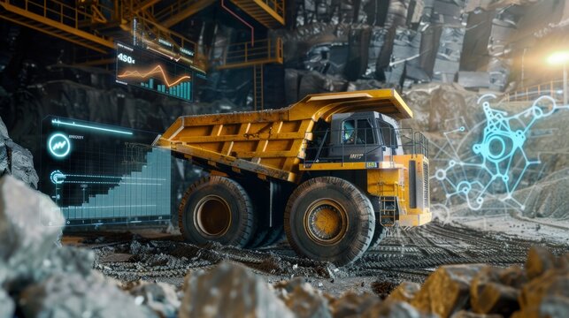 An advanced mining truck, surrounded by rock and futuristic digital overlays, represents the integration of technology in mining.