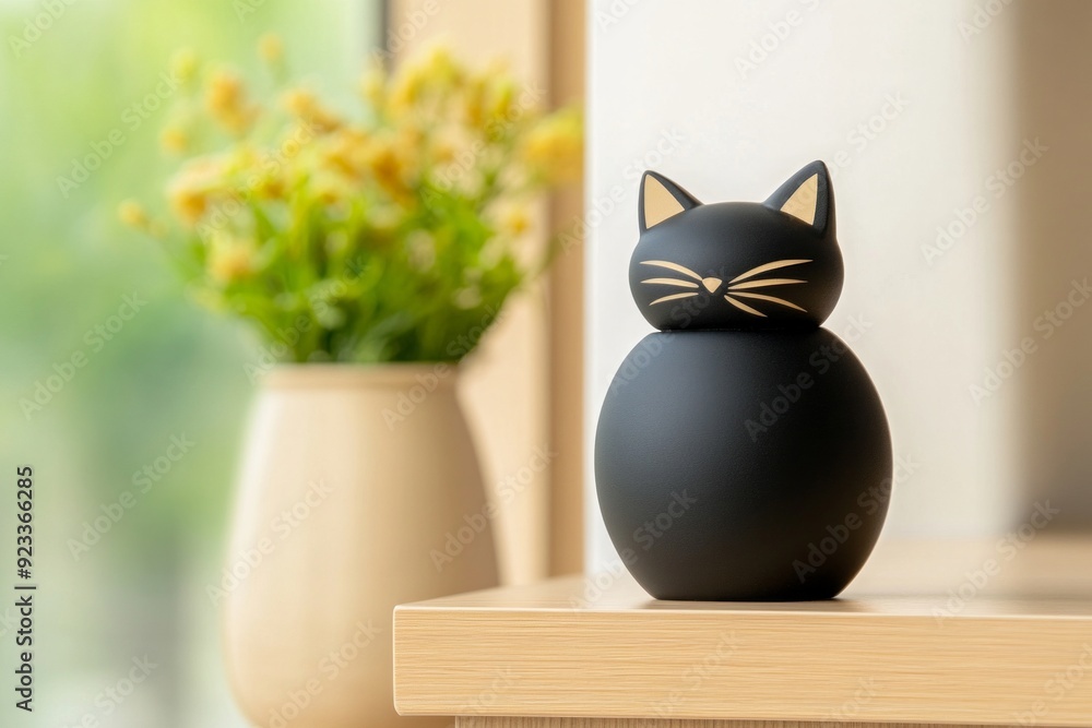 Wall mural Black urn with pet ashes in the shape of a cat silhouette standing on shelf, flowers on the background. Soft light. Copy space. Funeral concept. Final resting place for a departed soul.