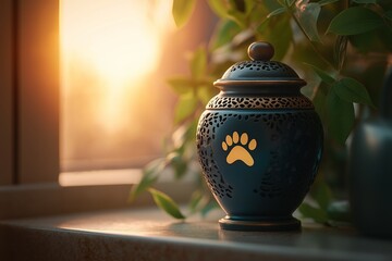 Dark urn with pet ashes with paw print standing on a shelf, soft lighting on the background. Copy space. Funeral concept. Final resting place for a departed soul.