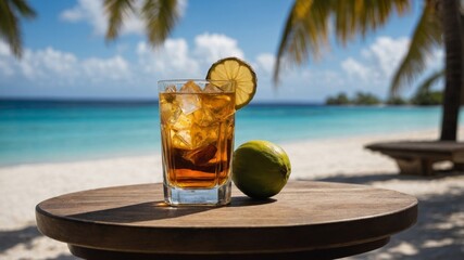 Glass of Caribbean Rum with Tropical Fruits on a Beachside Table
