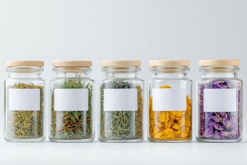 Glass jars with dried herbs and flowers with empty label for the name, copy space, light grey background. Copy space. Concept alternative medicine, health, natural ingredients