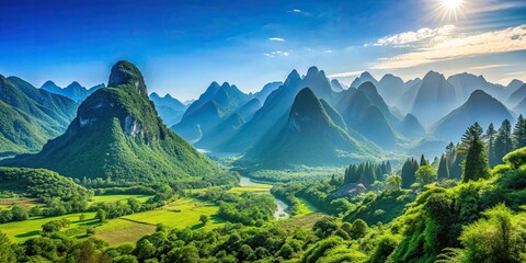Scenic view of towering mountains with a clear blue sky and lush greenery, mountain, view, scenic, nature, landscape, sky