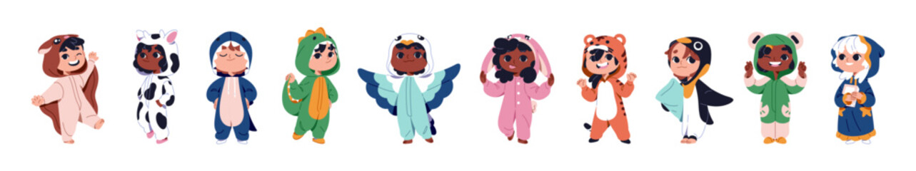 Set of kids is dressed into cute animal costumes. Row of children wearing funny onesies. Girls and boys in different kigurumi, pajamas have fun. Flat isolated vector illustrations on white background