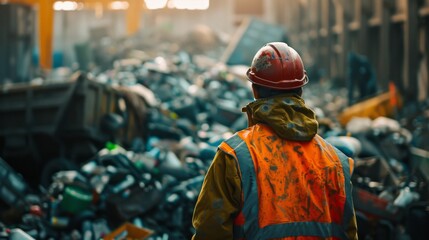 Obraz premium A worker in reflective wear and a hard hat observes a recycling facility filled with heaps of assorted materials and machinery.