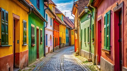 Naklejka premium Narrow alleyway lined with colorful buildings in Rope Street, Brasov, Romania , Europe, Brasov, Romania, narrow