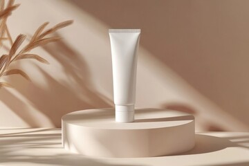 Simple aesthetic background with white cosmetic tube on the podium for mockup with artful shadow