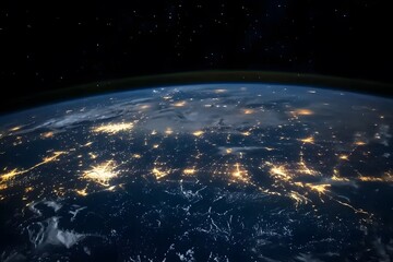 View of Earth from space with lights glowing in cities 