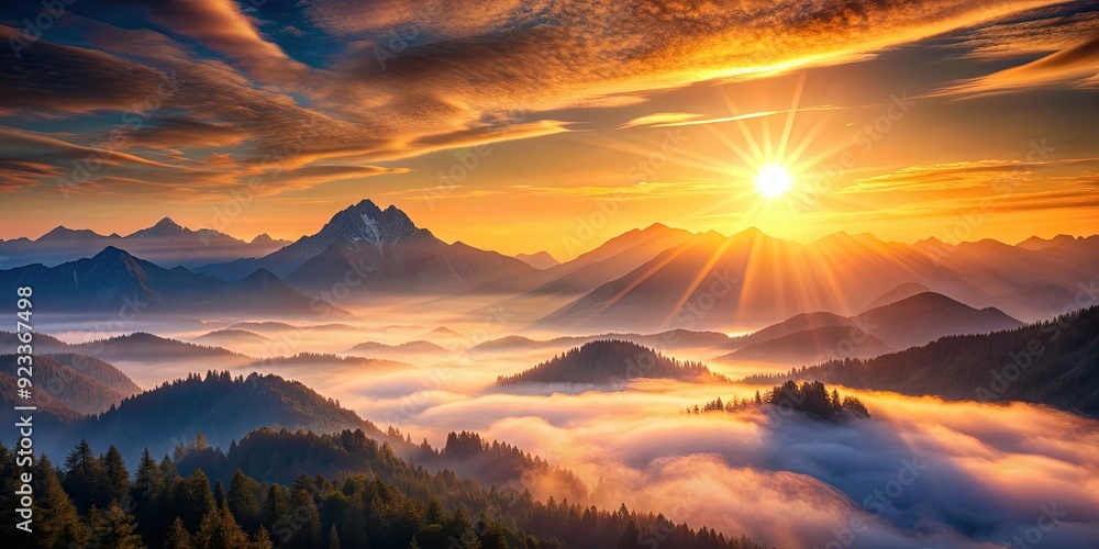 Wall mural Sunrise in the mountains art piece, sunrise, mountains, art, painting, nature, landscape, sky, clouds, dawn, morning