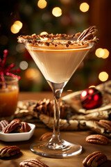 Creamy Butter Pecan Martini with caramel drizzle and crushed pecan on the rim of clear martini glass