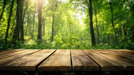 Fototapeta premium Empty wood table top with blur background of nature lush green forest. generative ai