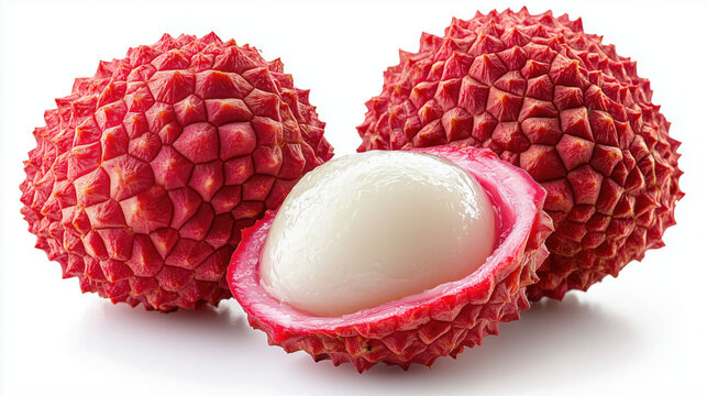 A full and half-sliced lychee fruit on a white background 