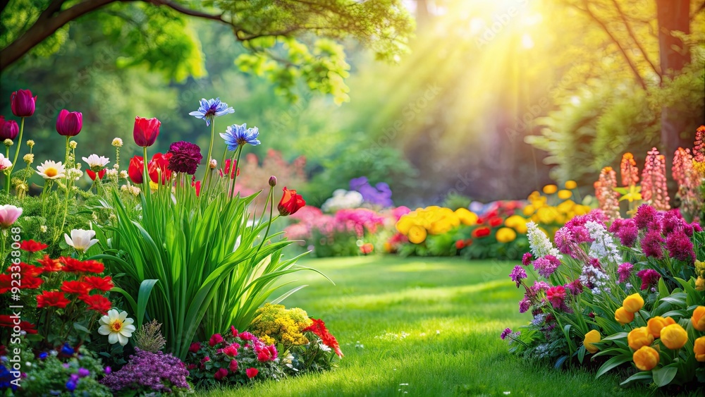 Sticker Lush green grass and vibrant flowers in a colorful garden , nature, spring, growth, blooming, petals, beauty, fresh