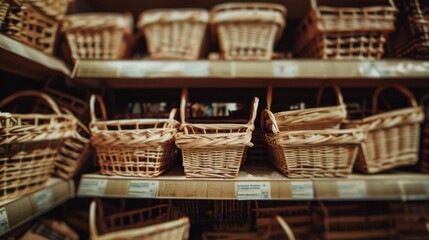 Obraz premium Neatly arranged wicker baskets on display in a store, showcasing various shapes and sizes on the shelves.