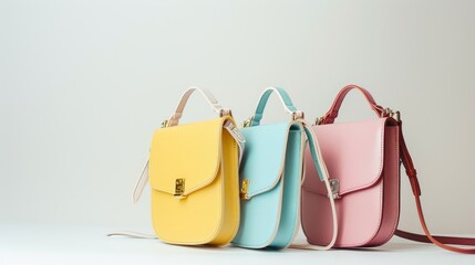 A row of elegant handbags in yellow, blue, and pink, neatly arranged on a clean white background, reflecting chic and modern fashion aesthetics.