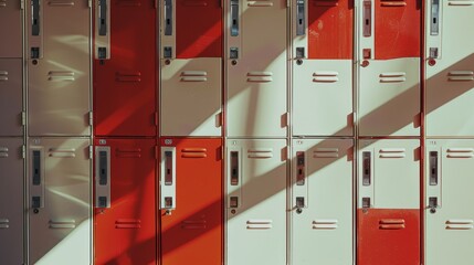 Rows of red and white lockers are illuminated by streaks of sunlight, creating a pattern of bright and shadowed sections.