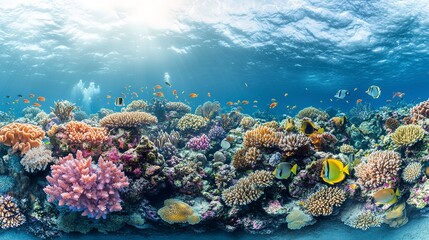 A wide-angle view of a pristine coral reef with a variety of corals and tropical fish swimming gracefully, capturing the serene and mesmerizing underwater world. 