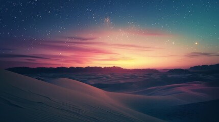 An awe-inspiring desert landscape under a magical twilight sky adorned with stars, presenting a harmonious blend of nature&rsquo;s raw beauty and cosmic wonder.