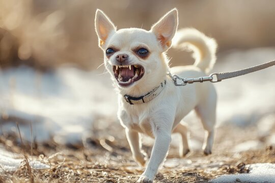 Dog Barking On Leash. Close Up Angry White Chihuahua with Collar
