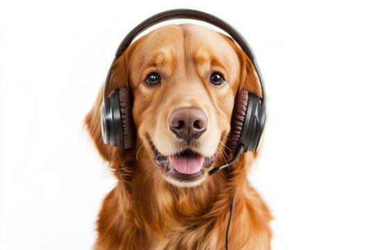 Dog Headset. Golden Retriever with Red and Gold Headphones on White Background