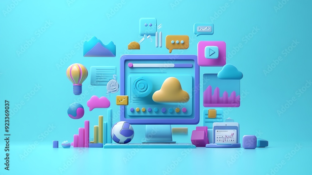 Aufkleber 3d illustration of a computer with colorful icons.
