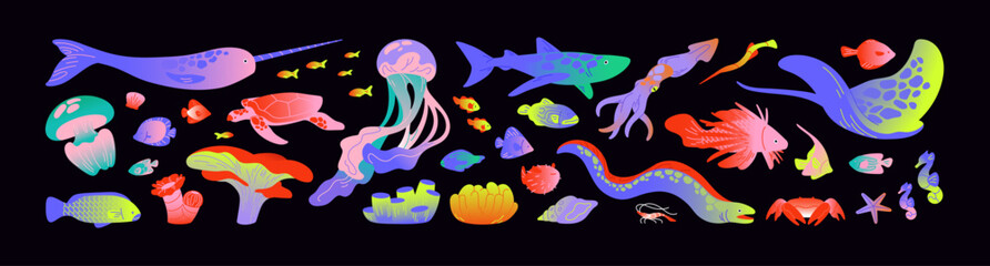 Set of wild underwater animals. Different undersea fishes, corals. Sea wildlife: shark, squid, narwhal, eagle ray, turtle, seahorses. Ocean fauna, water nature. Flat isolated vector illustrations