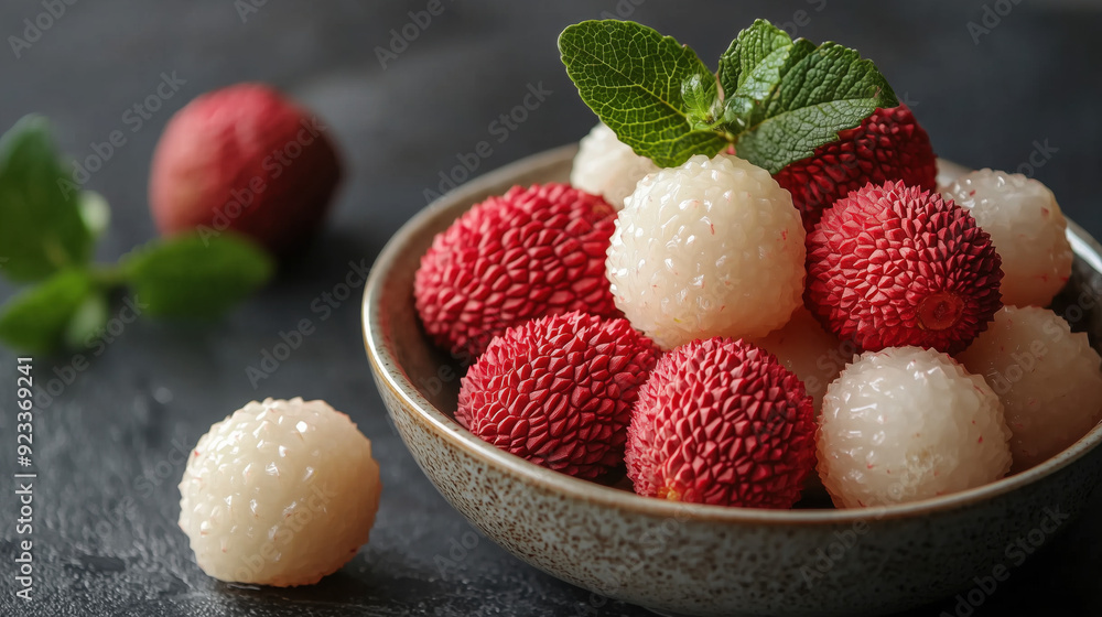 Wall mural bowl of lychee with leaves