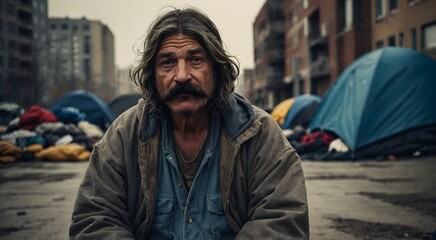 closeup of a homeless man in the street
