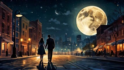 Animation of silhouette of modern young couple walking on the city streets at night with giant full moon in the sky Generative AI
