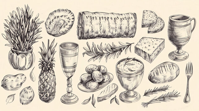 Passover Vintage Food Illustration: A Rustic Feast in Charcoal and Pencil