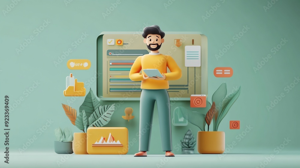 Poster 3D Illustration of a Man Using a Tablet with Icons Around Him.