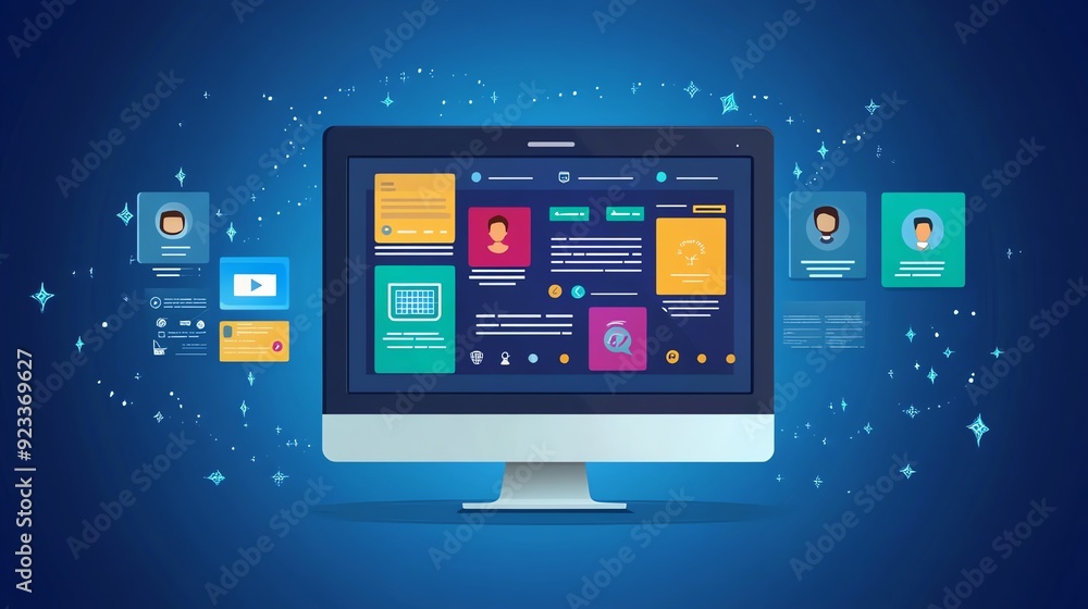 Aufkleber modern desktop computer with icons and stars.