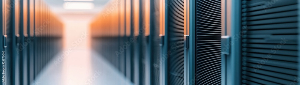 Poster a modern data center corridor showcasing server racks, illuminated by soft light, highlighting advan