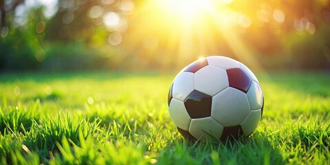 Fototapeta premium Soccer ball resting on vibrant green grass field, soccer, football, sports, outdoor, leisure, recreation, game