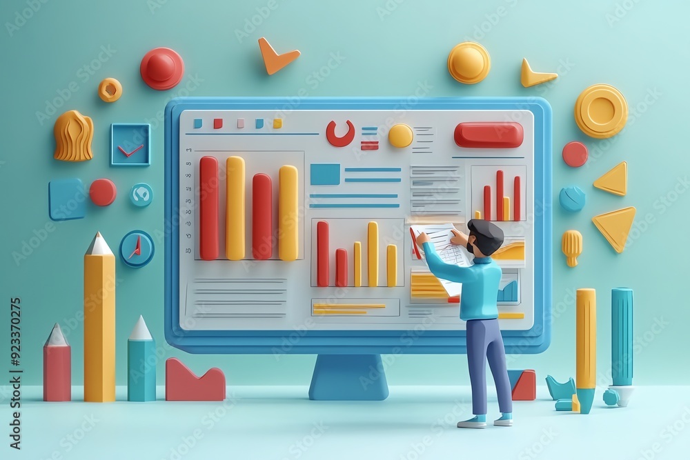 Poster 3D illustration of a man analyzing business data on a computer screen.
