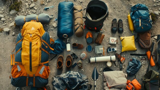 Camping gear and supplies meticulously laid out, showcasing a mix of bags, sleeping arrangements, and tools for a successful adventure.