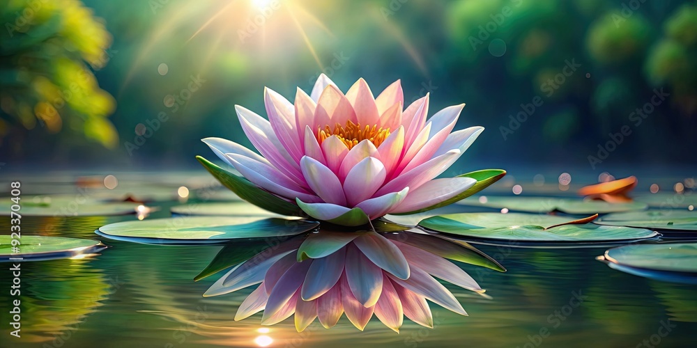 Sticker Realistic drawing of a beautiful water lily floating on the surface of a pond, lotus, water lily, pond, flower, nature