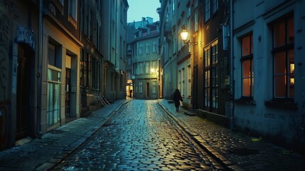 Obraz premium A cobblestone street glistens under street lamps as dusk falls over a quaint, empty European town, exuding an aura of timeless charm and solitude.
