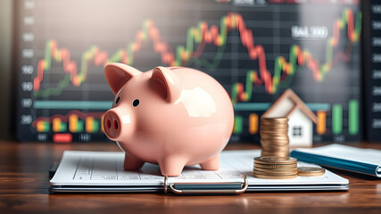 Piggy bank with coins on bokeh background, savings concept. Close-up of piggy bank coins stacked against green bokeh background. finance and money business concept Save money to prepare for the future