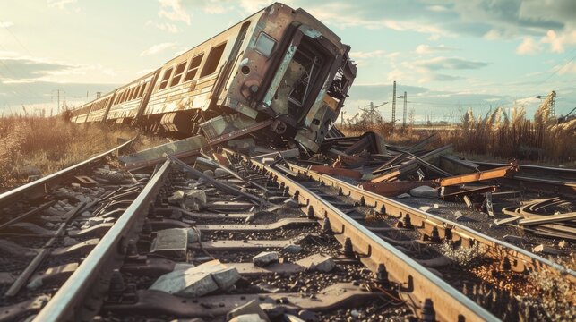 A derailed train lies abandoned on twisted tracks, narrating a story of chaos and the starkness of industrial decay.