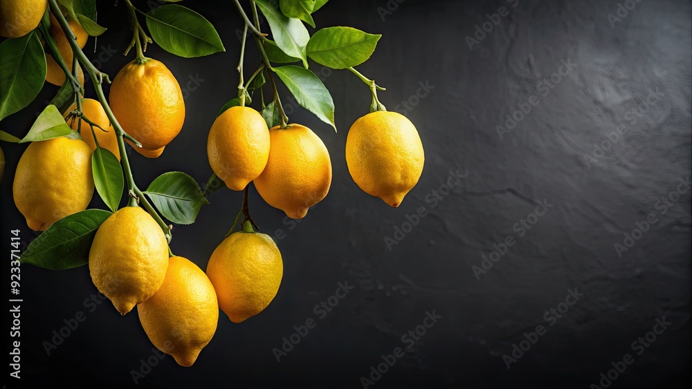 Wall mural Lemons hanging from a tree on a black background, lemons, tree, hanging, fruit, black background, fresh, organic, citrus