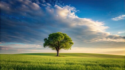 Fototapeta premium Minimalistic photograph of a serene natural landscape with a lone tree in a vast field, minimalistic, natural, landscape