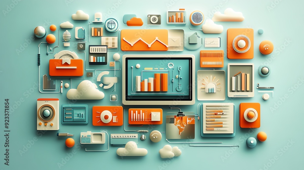 Aufkleber abstract 3d illustration of a data network with graphs, charts, icons, and clouds.