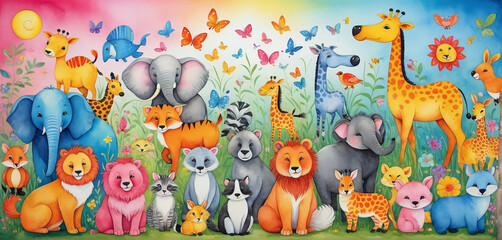 Fototapeta premium Illustrative childlike depiction of various cute and friendly animals from nature in bright colors