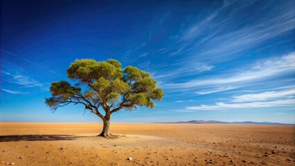 Fototapeta premium Lonely tree standing in the desert landscape with blue sky in the background, barren, arid, dry, nature, isolated, survival