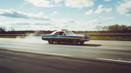 A blue vintage police car speeding along a highway, with blurred background indicating high speed.