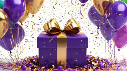 A radiant purple gift box adorned with a golden ribbon, surrounded by festive balloons and confetti, embodies the spirit of a grand celebration