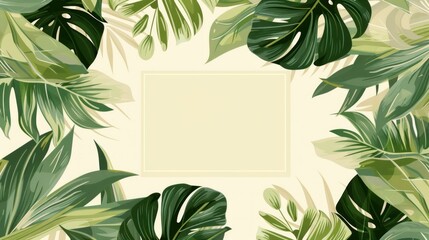 Naklejka premium Retro image shows a minimalistic design featuring a central, blank, cream-colored square set against a background of large, green palm leaves
