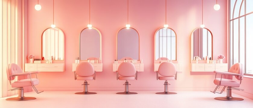 Pink Salon Interior with Arched Mirrors and Pink Chairs